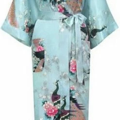 KIMU® Kimono Lichtblauw Satijn - Maat S-M - Ochtendjas Yukata Kamerjas Badjas - Boven De Enkels