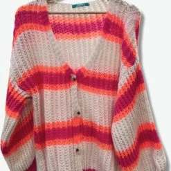 Lundholm Vest Dames Gebroken Wit Oranje Roze Gestreept - Gebreide Truien Dames Oversized Trui Dames Knitted Scandinavische Trui Dames | Lundholm Linköping Collectie