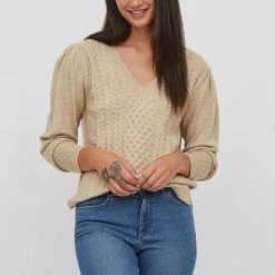 Vila Trui Viril V-neck L/s Cable Knit Top 14076024 Natural Melange Dames Maat - M -Dameskleding Verkoop 550x783 2