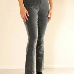 New Star Dames Flare Broek - Florence - Zwart/grijs Ribstof - Dames Corduroy Broek - L33 - Maat 34