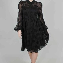 Voodoo Vixen Flare Jurk -XS- Blanca Chiffon Rose Flocking Zwart