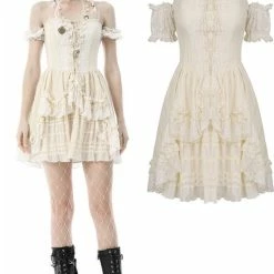Dark In Love Korte Jurk -XS- Steampunk Princess Frilly Creme